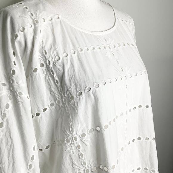 Liverpool White Eyelet Dolman Popover Blouse Top 3/4 Sleeves Scoop Neck Large - Picture 3 of 9